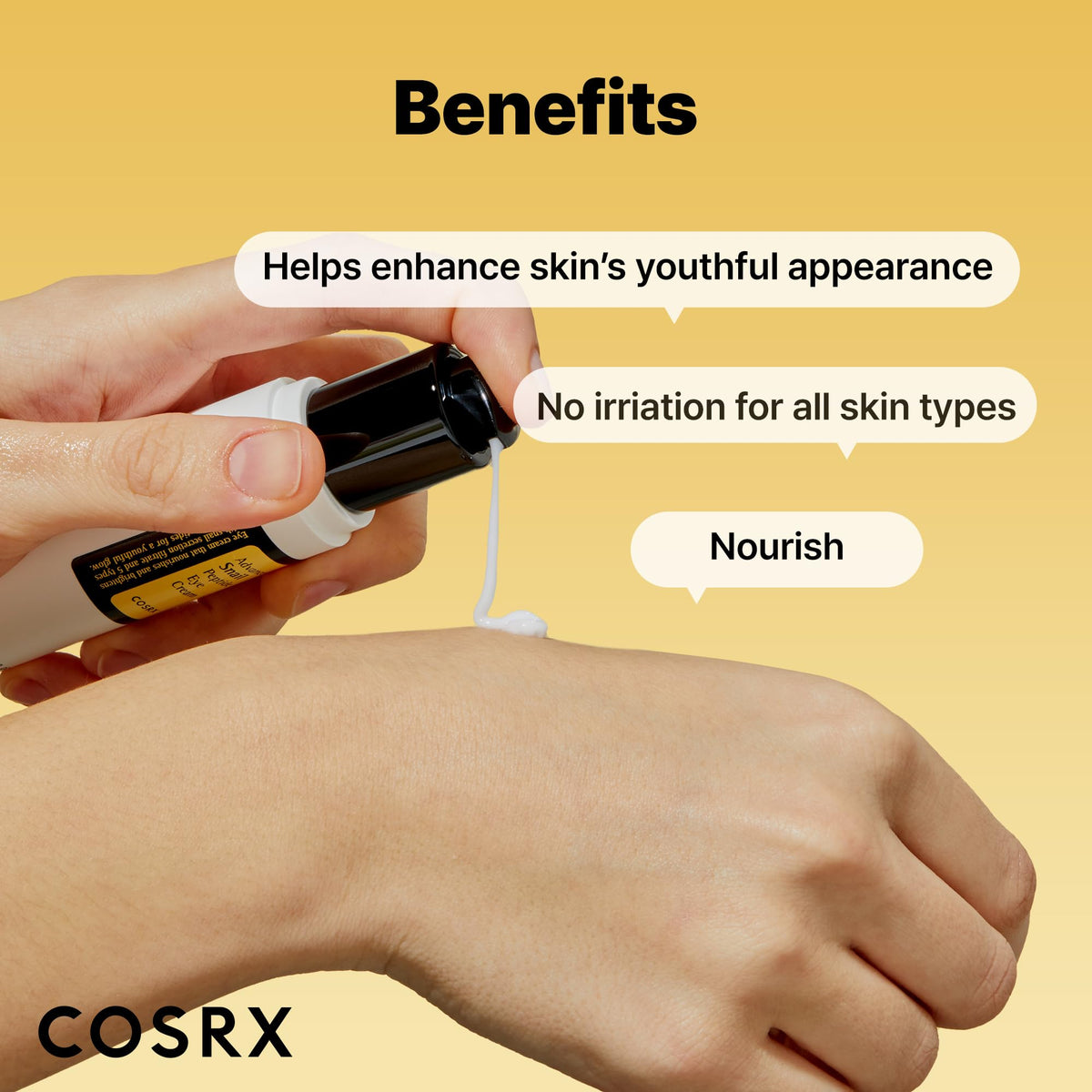 COSRX applying small amount under eye to demonstrate lightweight layering benefit