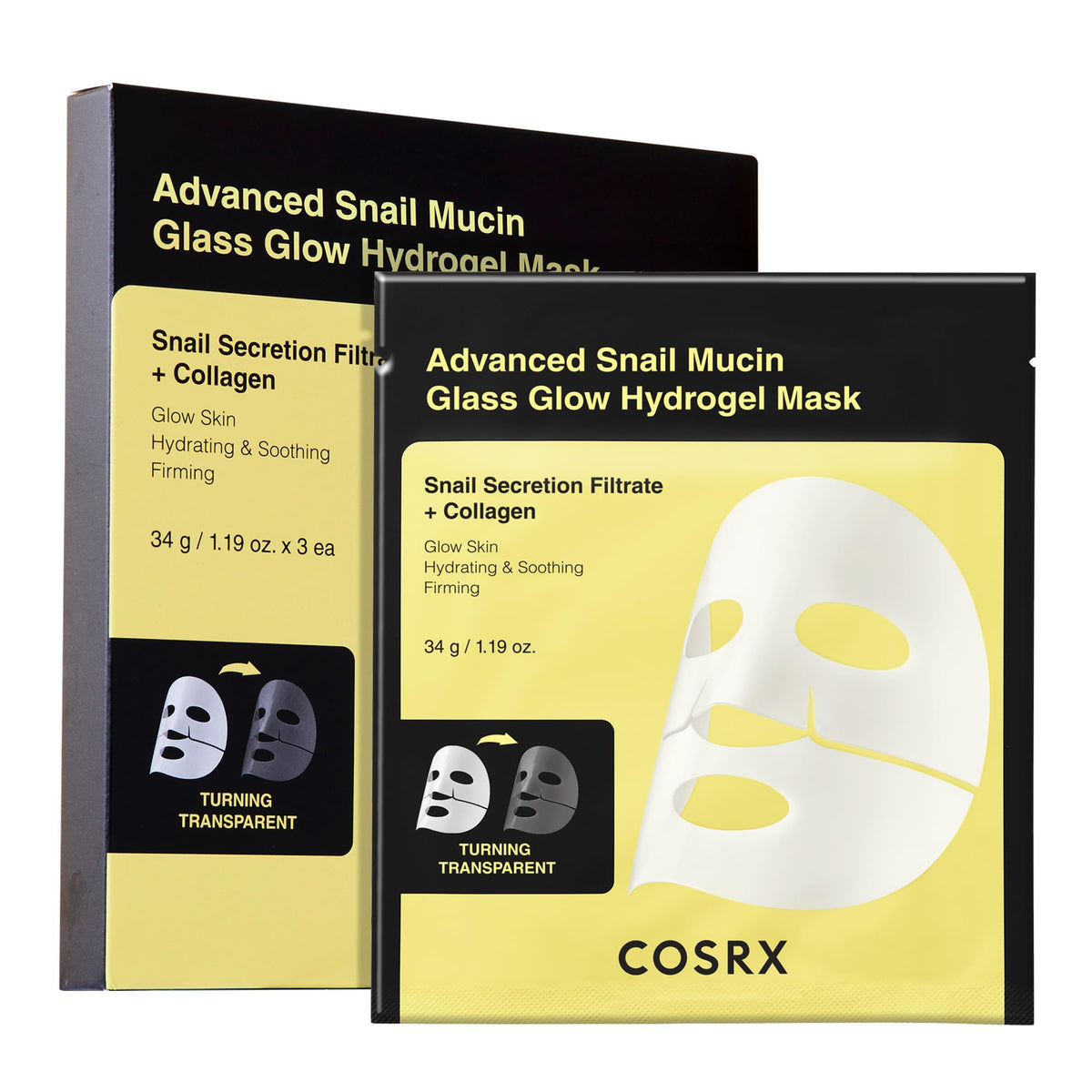 COSRX front packaging of glass glow hydrogel mask showing product benefits