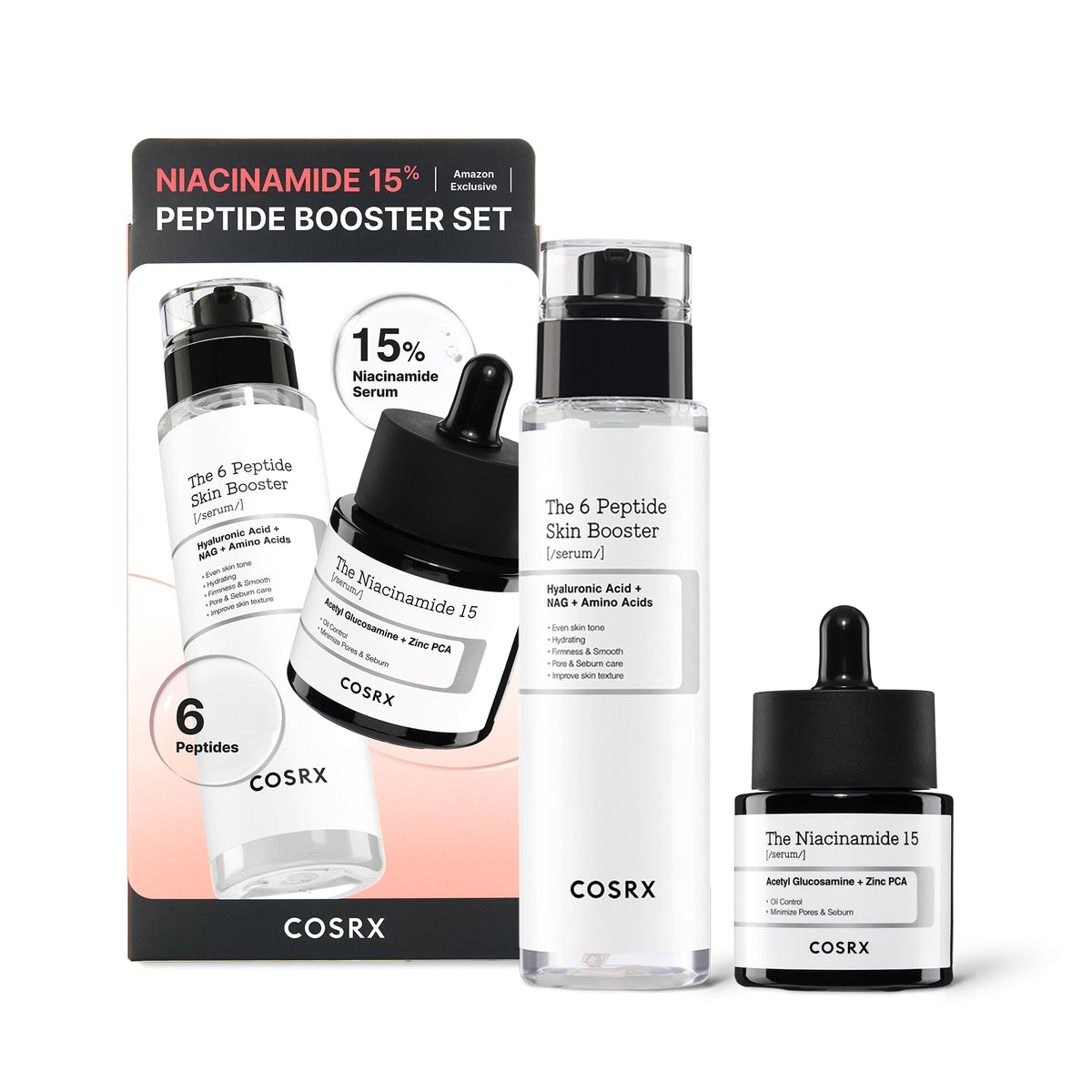 COSRX front packaging of niacinamide 15% peptide booster set, clear benefits visible