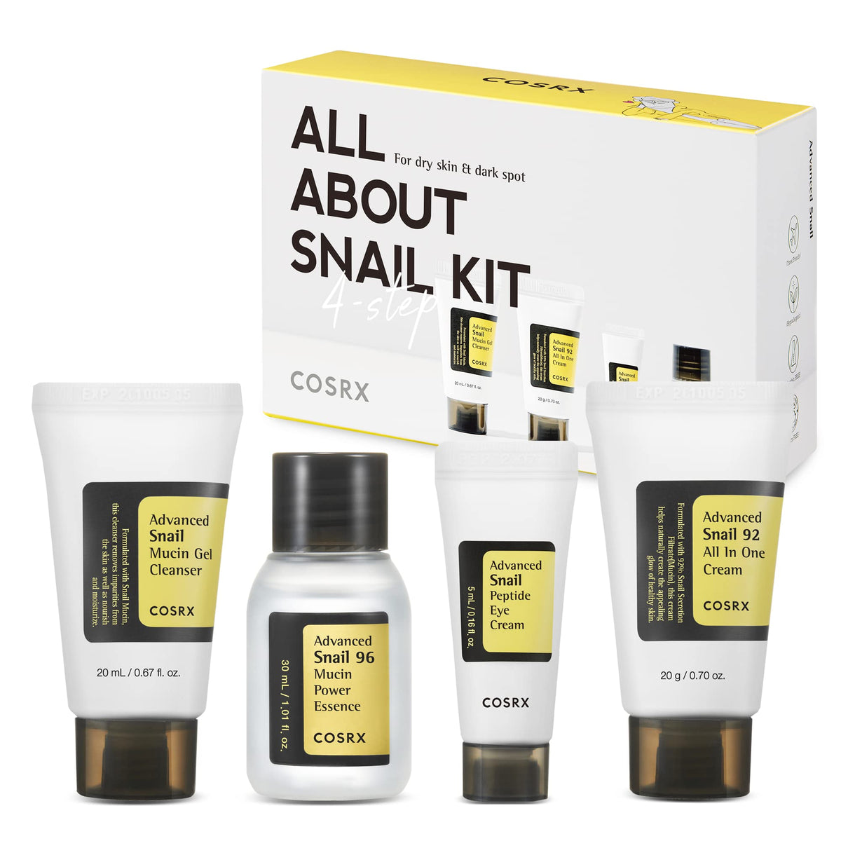 COSRX travel set front packaging showing four mini snail mucin products and benefits