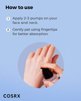 COSRX bottle in a bathroom routine setting, showing morning and night use benefit