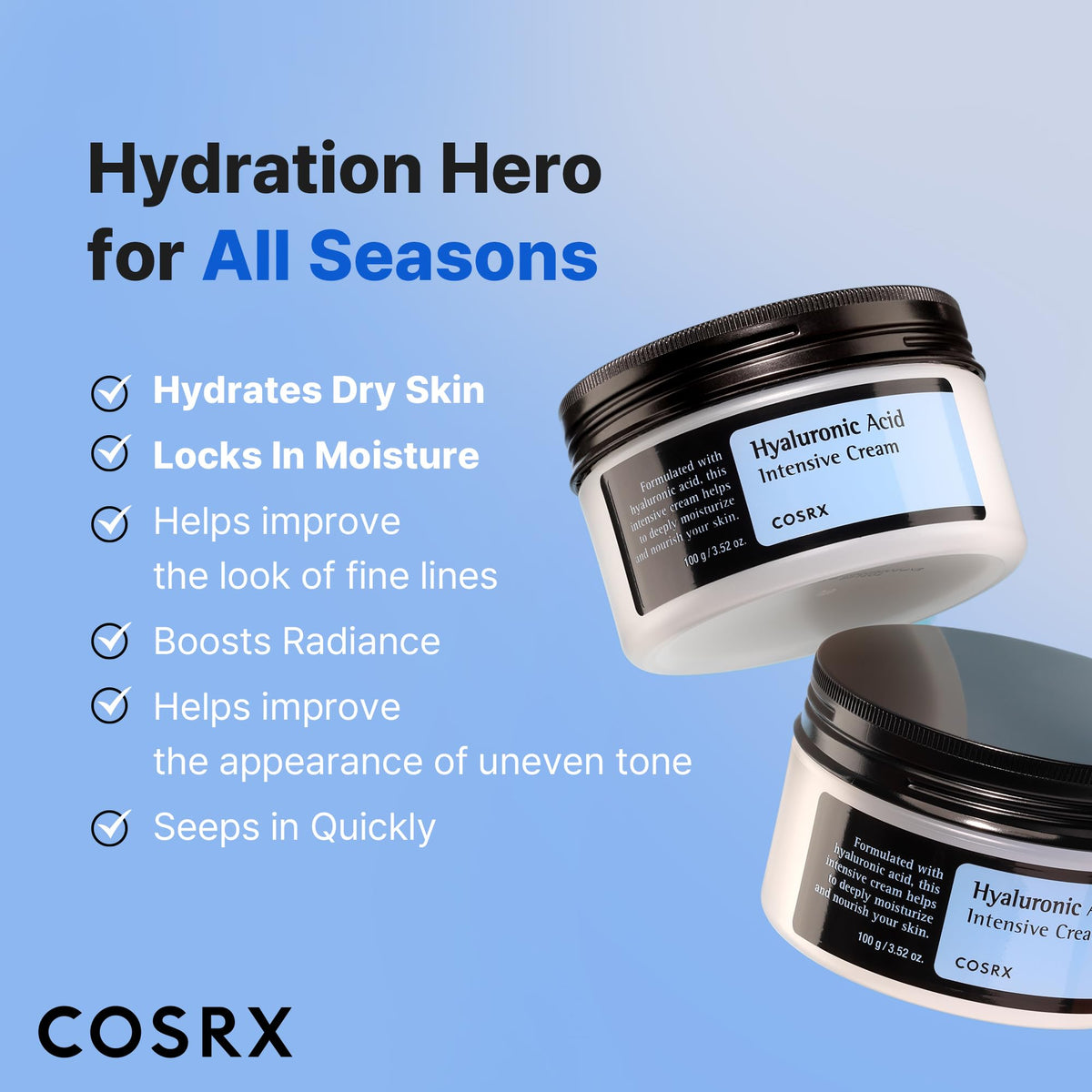 COSRX jar beside ruler showing 3.52 oz size for travel and value