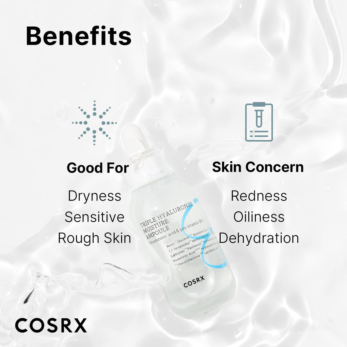 COSRX pipette with product on hand illustrating absorbency and fast hydration benefit