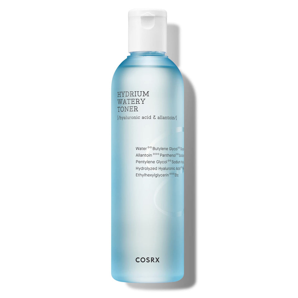 COSRX front bottle showing clean Hydrium Watery Toner packaging and benefit