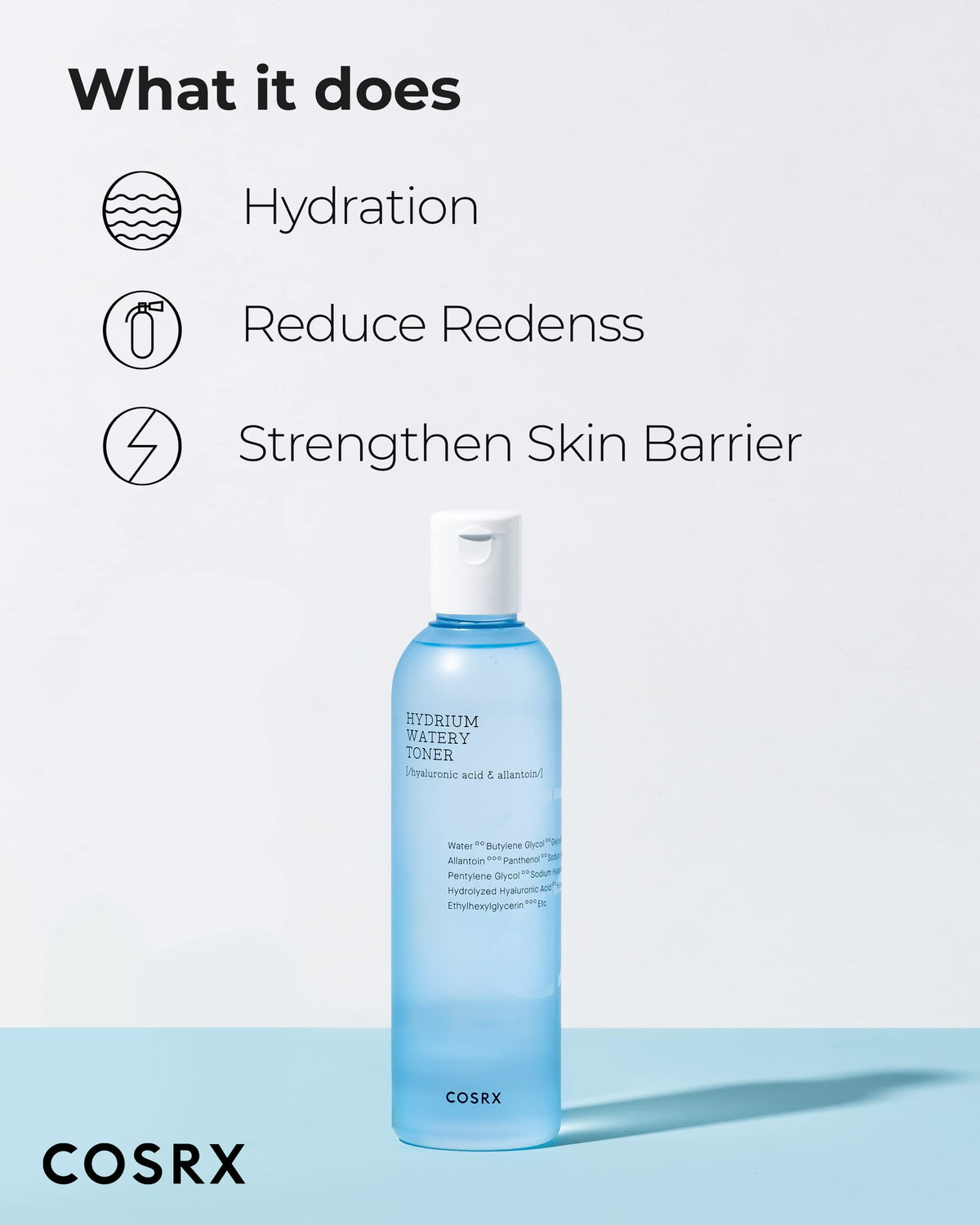 COSRX ingredient label highlighting hyaluronic acids, allantoin, panthenol benefits