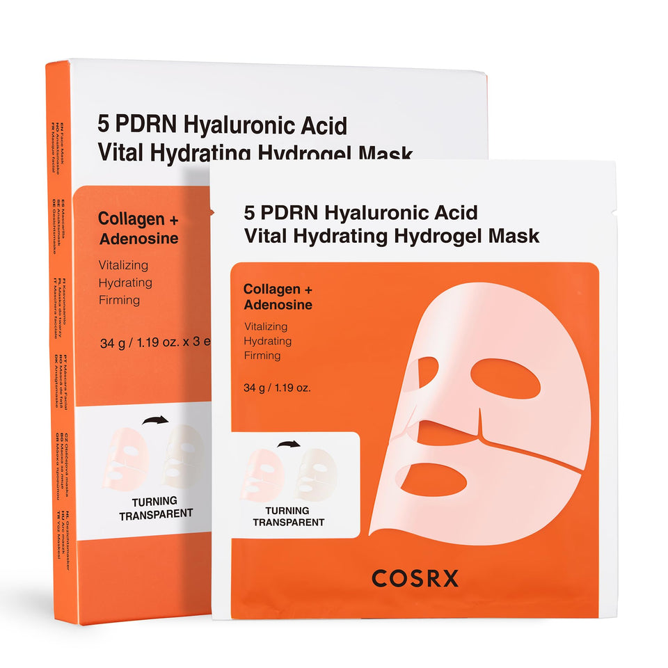 COSRX front packaging of 5 PDRN hydrogel mask showing product name and benefits