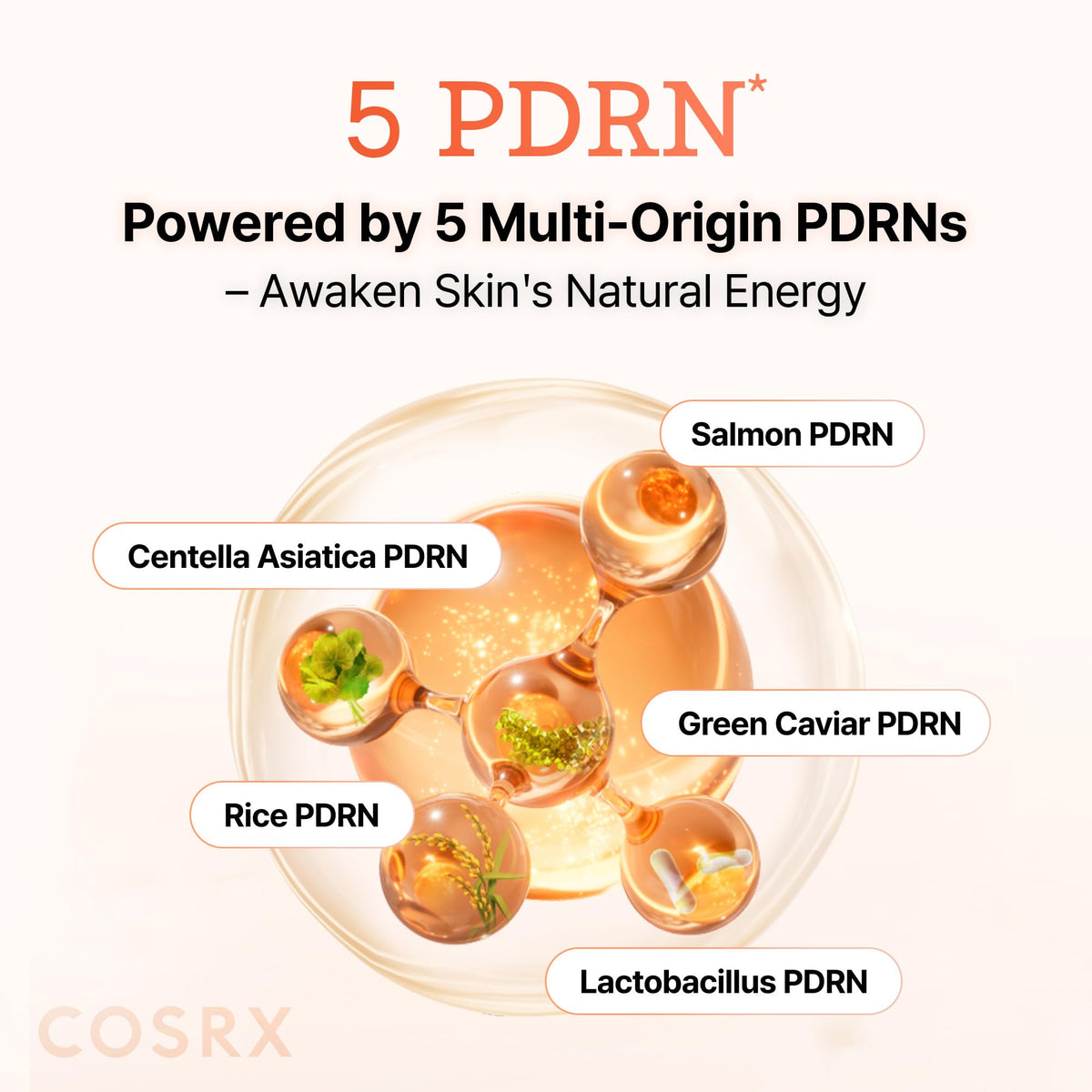 COSRX product label showing ingredient highlights including salmon DNA and PDRN