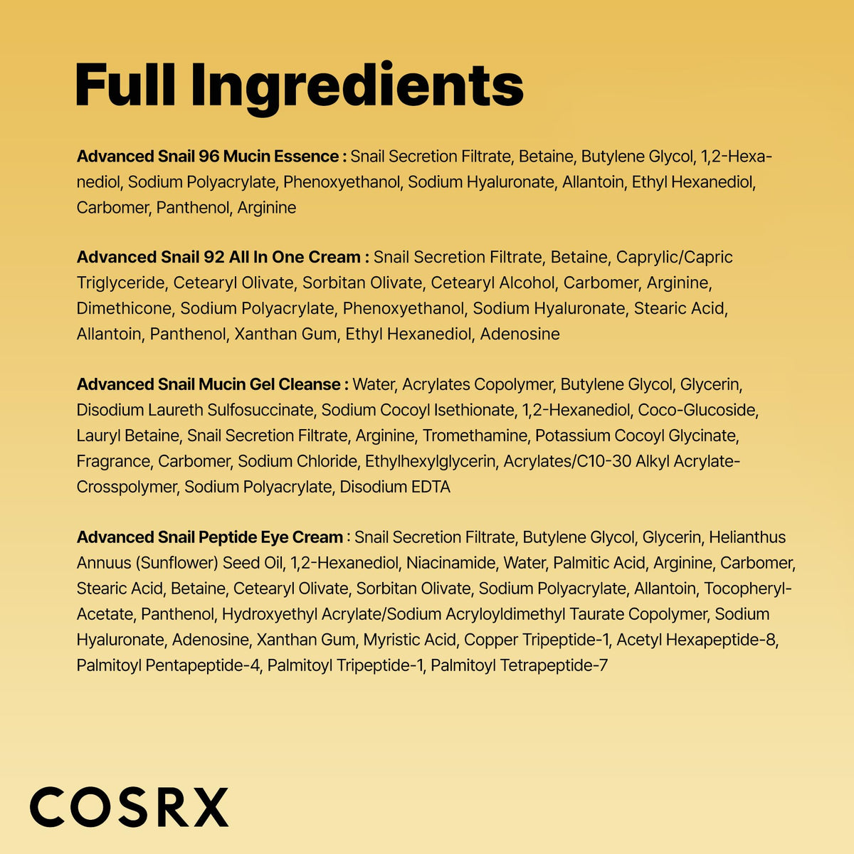 COSRX ingredient label close-up highlighting snail secretion filtrate concentration