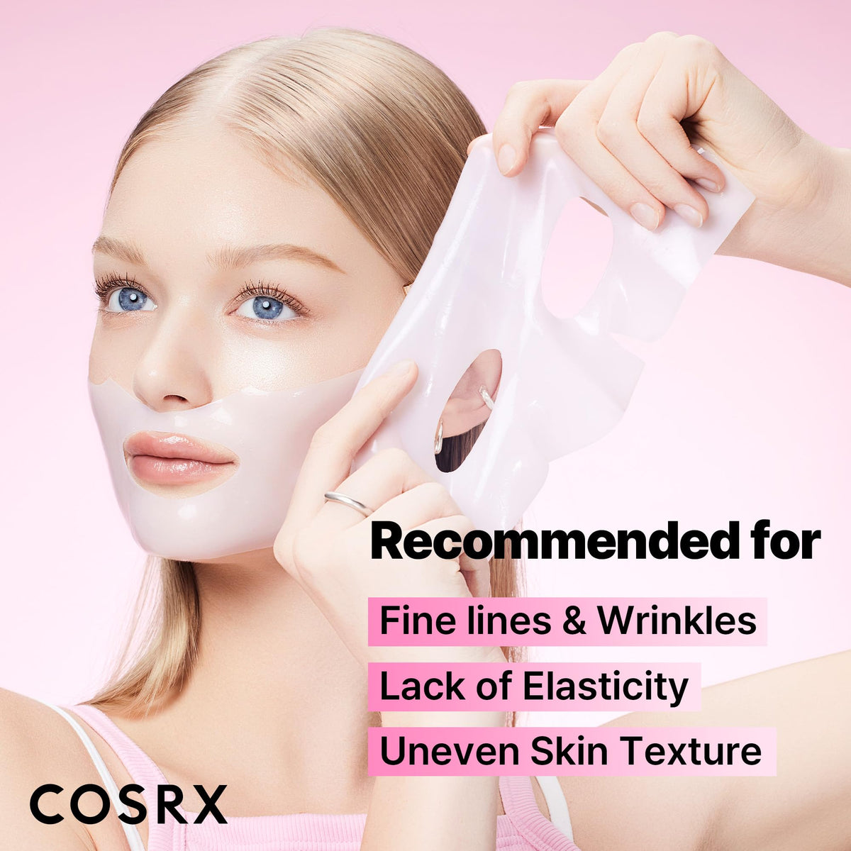 COSRX ingredients label highlighting peptides, collagen, hyaluronic acid and ceramide benefits