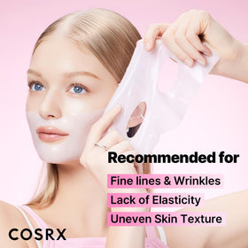 COSRX ingredients label highlighting peptides, collagen, hyaluronic acid and ceramide benefits