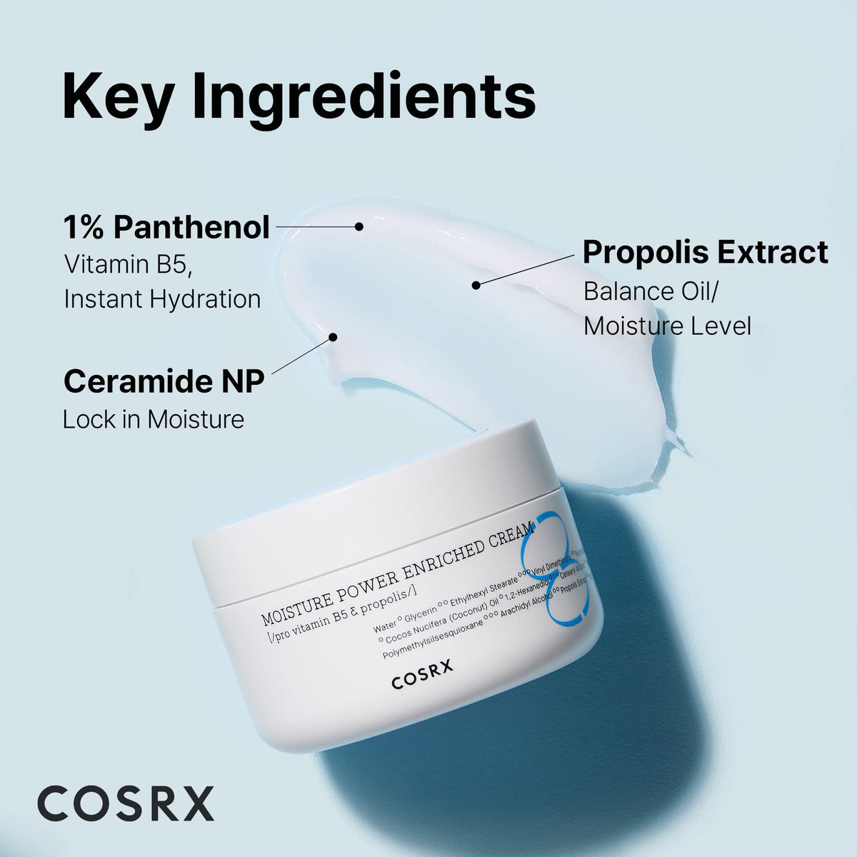 COSRX jar open with visible label listing hyaluronic and panthenol benefits