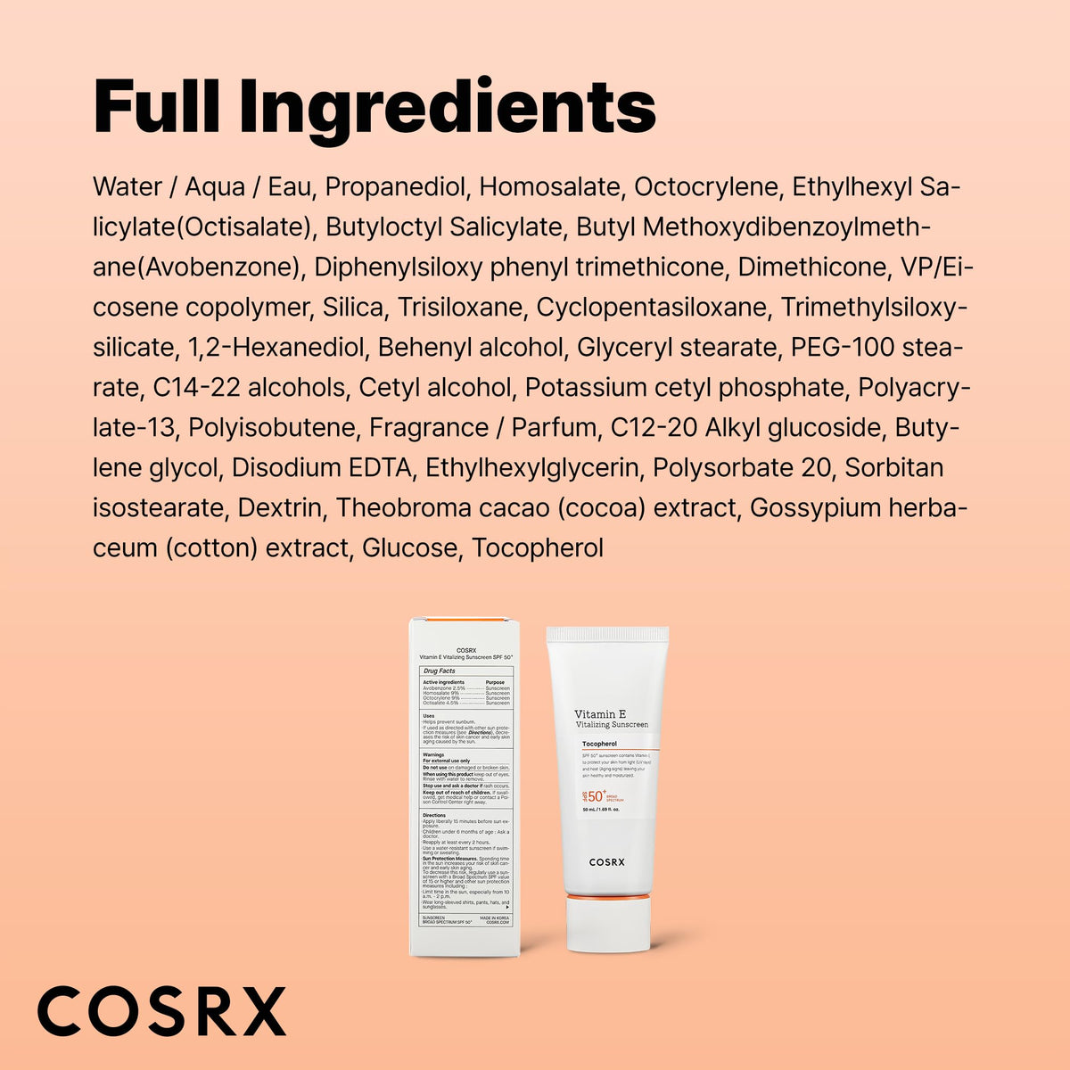 COSRX label close-up showing SPF 50 and gentle formulation benefits