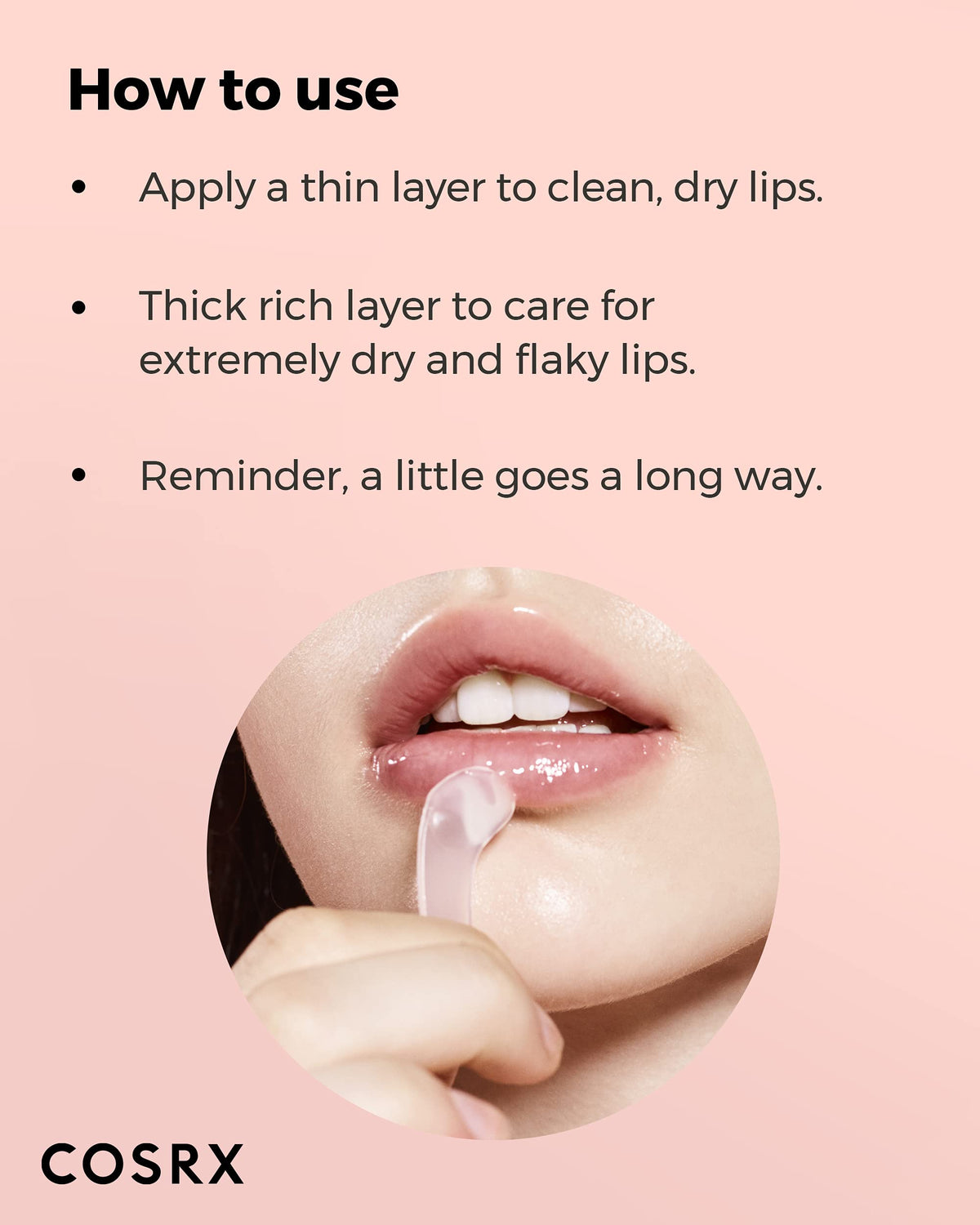 COSRX lip butter next to a fingertip showing product amount and application scale