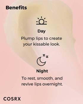 COSRX jar staged in a bedroom setting suggesting nighttime lip repair ritual
