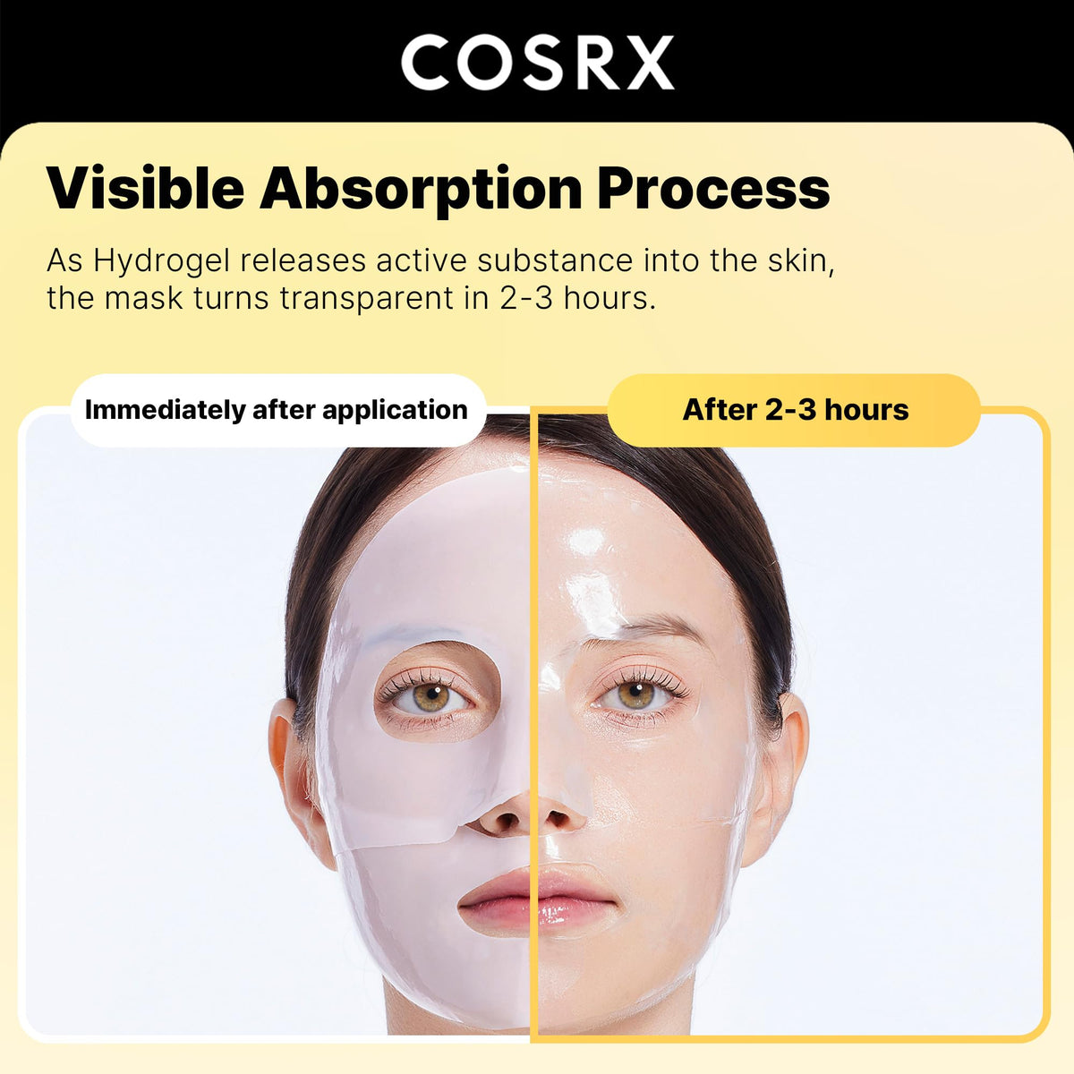COSRX hydrogel mask applied to model face demonstrating snug fit benefit