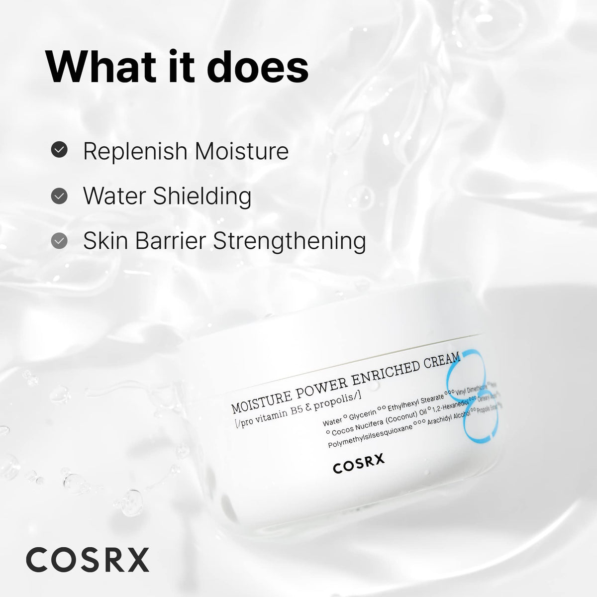 COSRX moisturizer spread on hand demonstrating fast absorption benefit