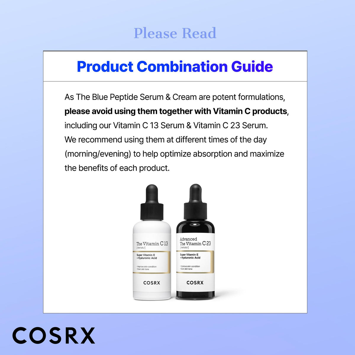 COSRX packaging box and bottle flatlay emphasizing complete product presentation