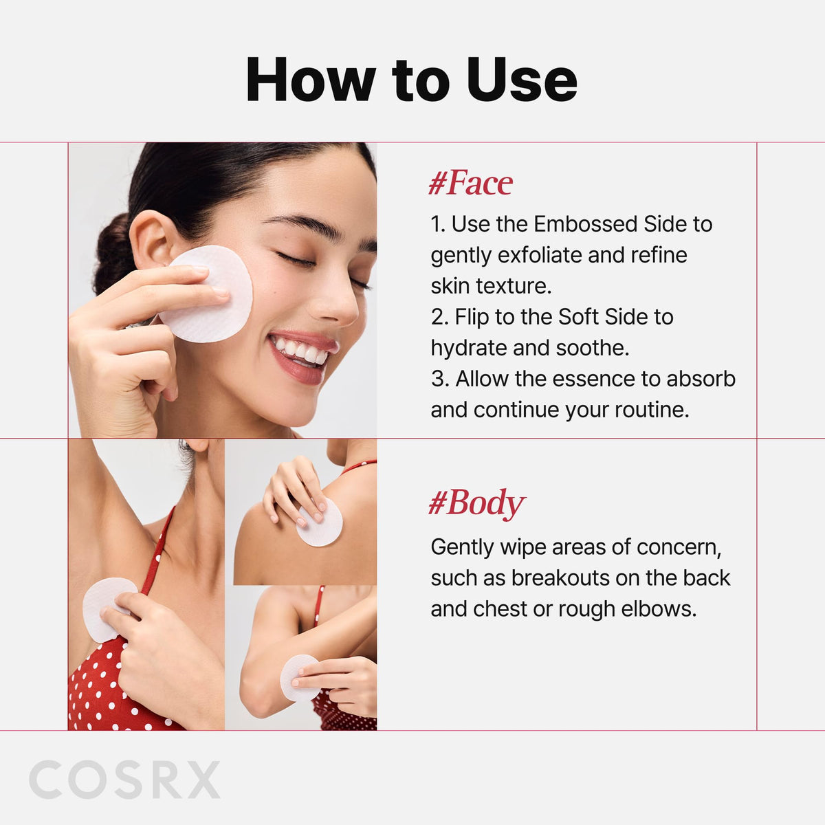 COSRX pad treating back area for larger blemish‑prone zones and even tone