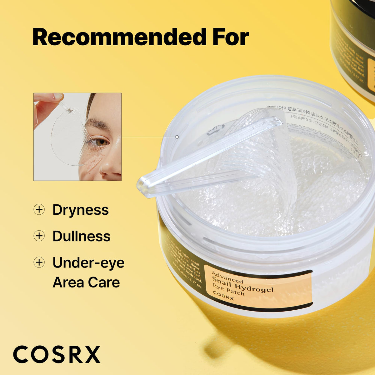 COSRX patch applied under a model’s eye demonstrating fit and cooling effect