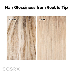 COSRX before and after hair comparison demonstrating reduced breakage and shine