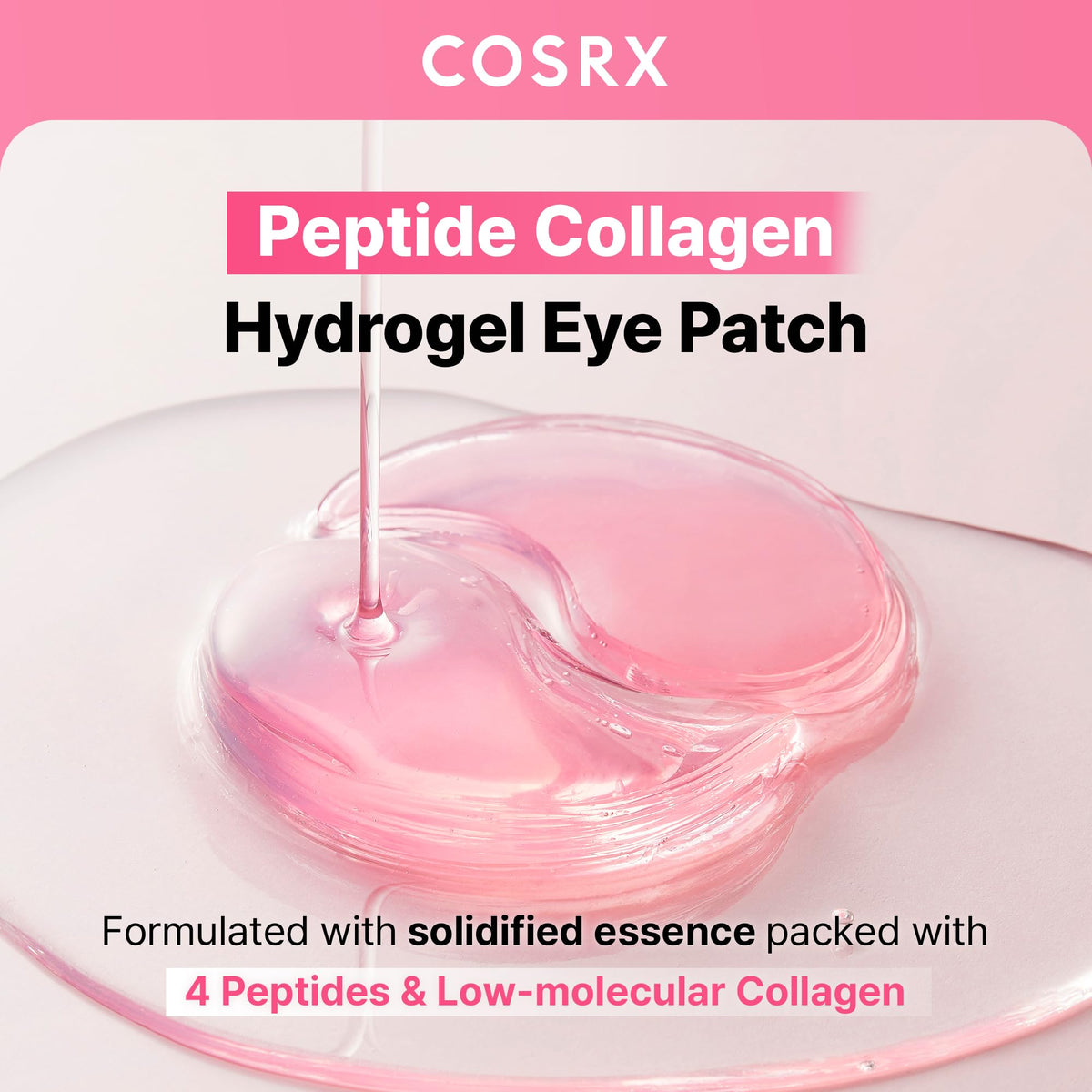 COSRX open jar displaying stacked pink hydrogel patches and visible cooling serum