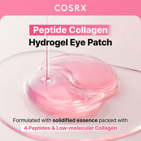 COSRX open jar displaying stacked pink hydrogel patches and visible cooling serum