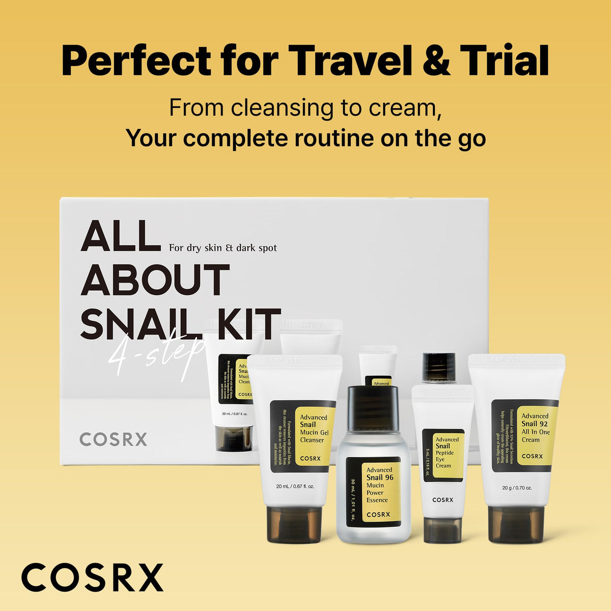 COSRX mini products arranged on bathroom shelf for an easy daily skincare routine