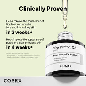 COSRX ingredient label showing retinol, squalane, and tocotrienol benefits