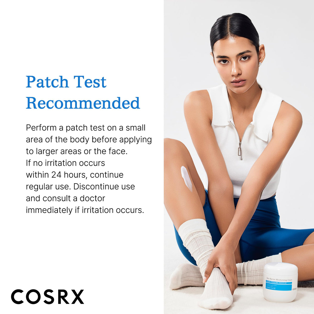 COSRX patch test instructions image emphasizing safe usage benefit