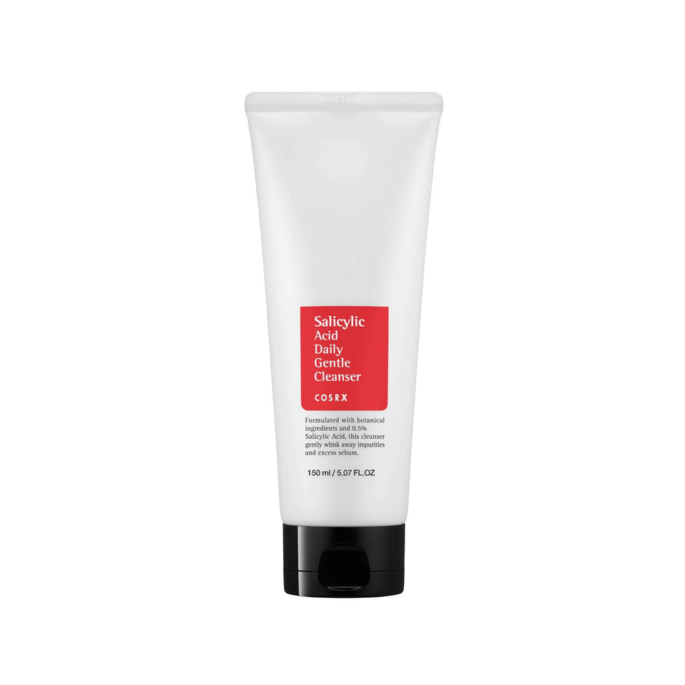 COSRX front packaging showing cleanser bottle and clean branding, highlights daily use benefit