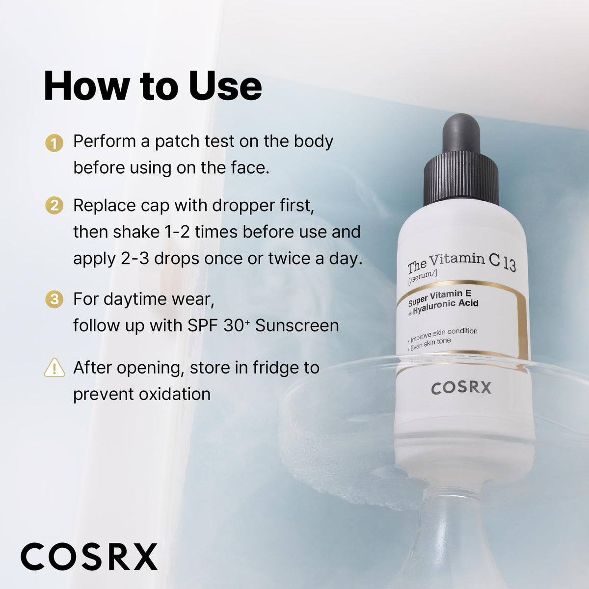 COSRX bottle and box styled on shelf promoting clean skincare routine