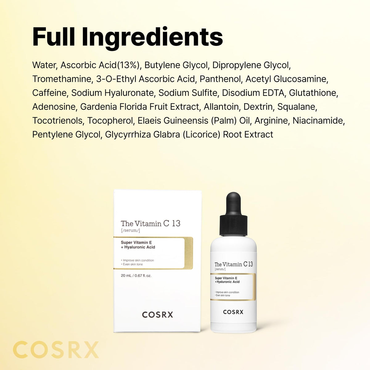 COSRX ingredient icons of vitamin C, E and hyaluronic acid benefits