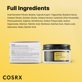 COSRX packaging alongside ingredient card showing snail mucin emphasis and transparency benefit