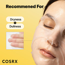 COSRX person applying snail mucin sheet mask showing comfortable wear and adhesion