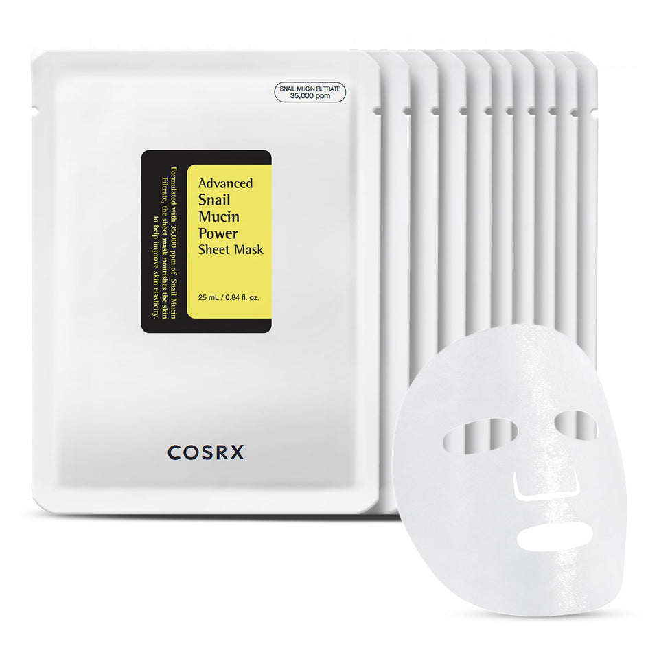 COSRX front packaging of 10 snail mucin sheet masks showing product benefits and count