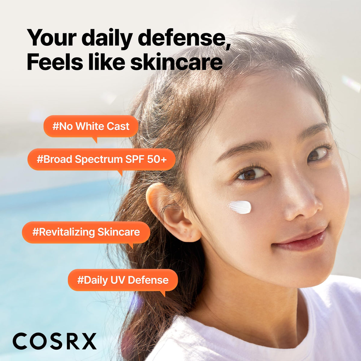 COSRX sunscreen applied on face illustrating smooth blend and matte glow