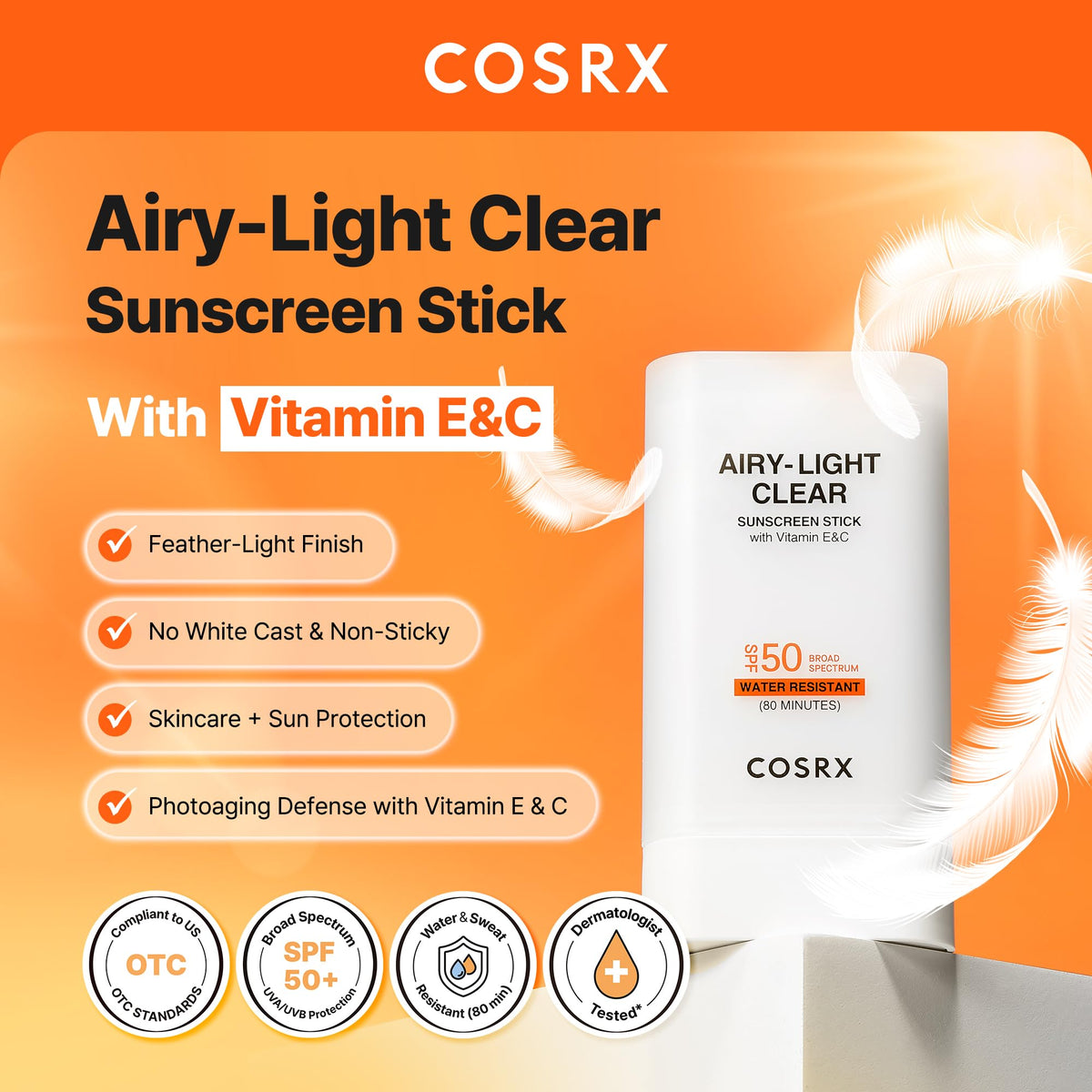 COSRX sunscreen stick twisted up to reveal solid clear applicator for easy use