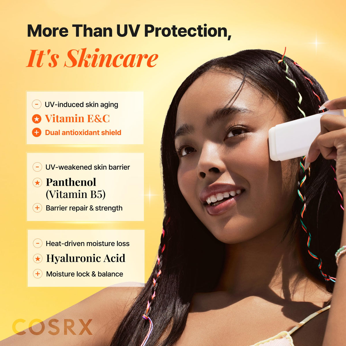 COSRX close-up of smooth sunscreen stick texture demonstrating light finish