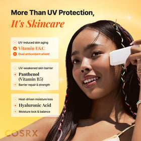COSRX close-up of smooth sunscreen stick texture demonstrating light finish