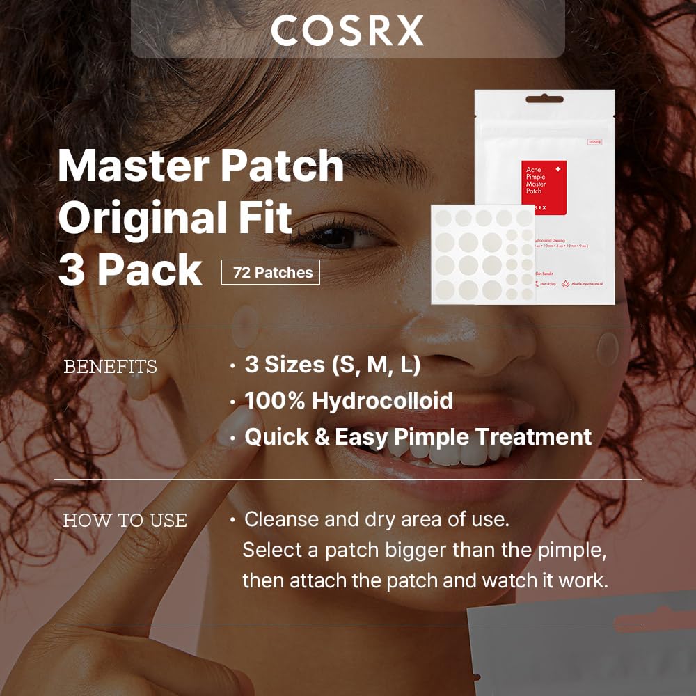 COSRX close-up of three patch sizes on sheet; precise coverage benefit