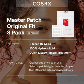 COSRX close-up of three patch sizes on sheet; precise coverage benefit