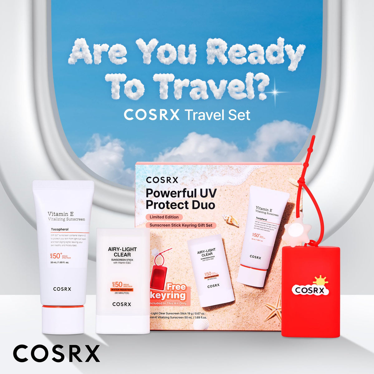COSRX travel bag flatlay with duo inside showing portability for trips and commutes