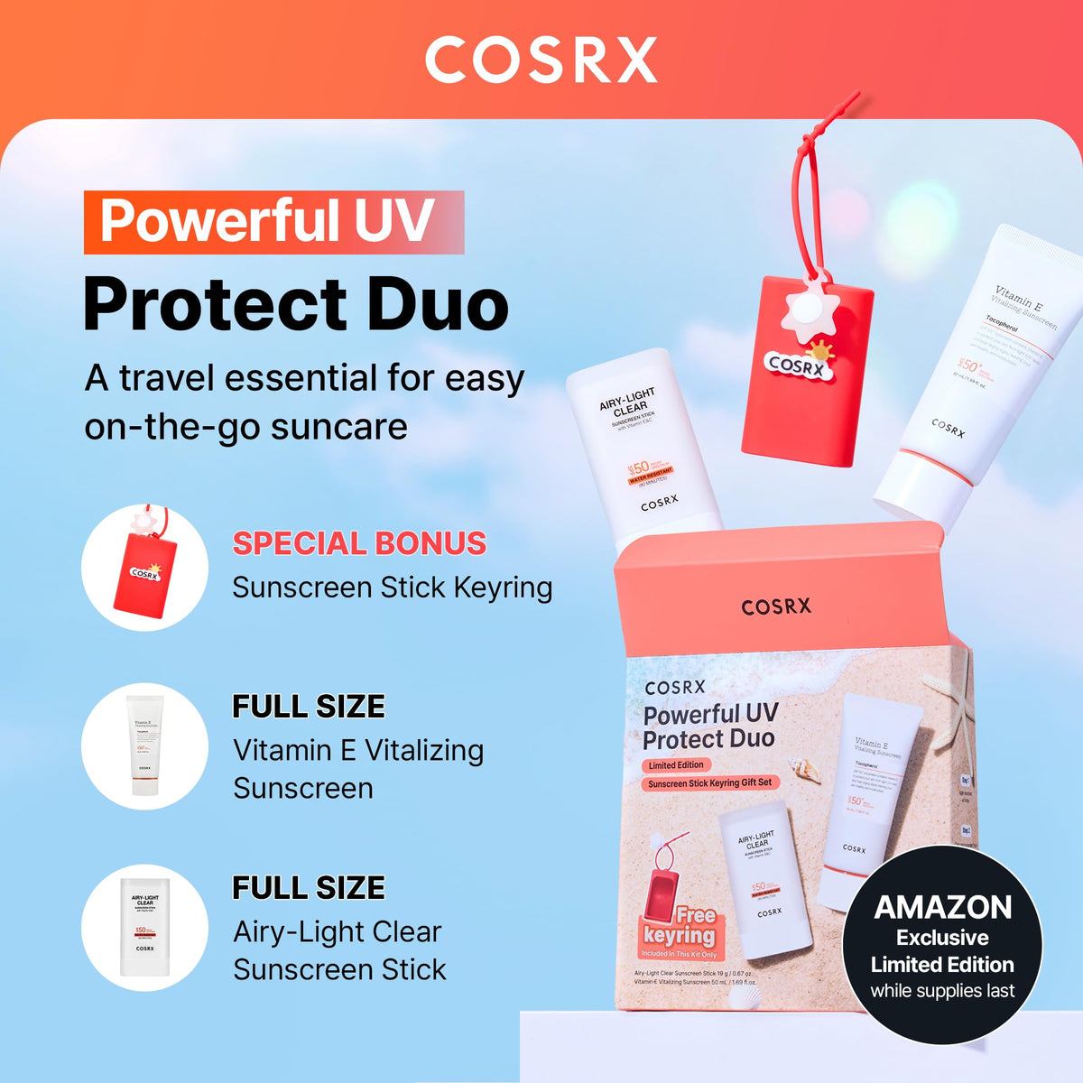 COSRX Vitamin E sunscreen pump detail illustrating easy dispensing and lightweight coverage