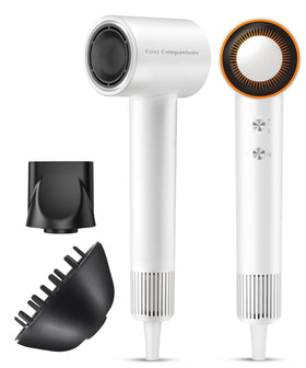 Cosy Companions hair dryer front view showing compact white body and nozzle — fast drying