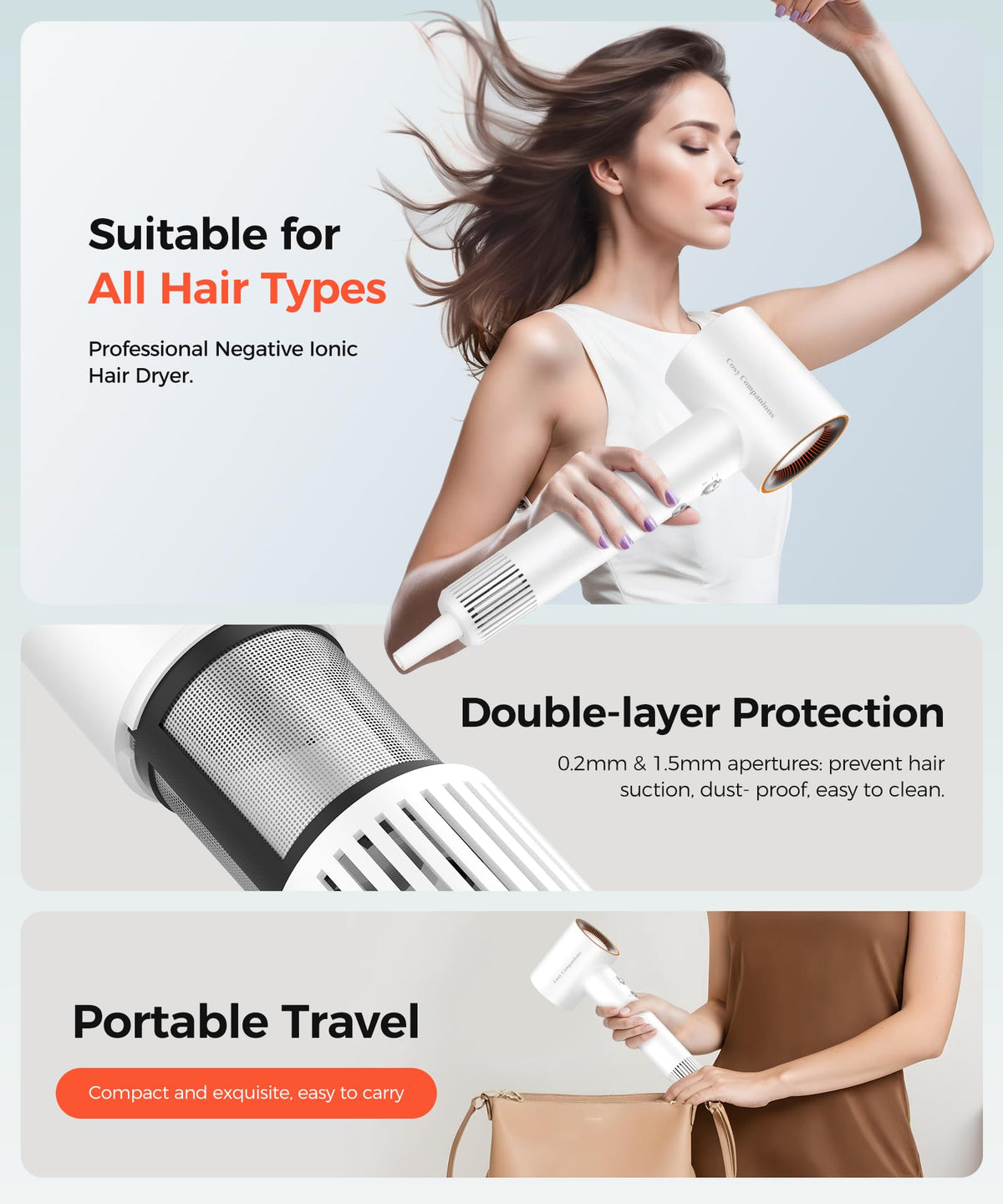 Cosy Companions hair dryer in bathroom lifestyle scene with towel and mirror — travel-ready