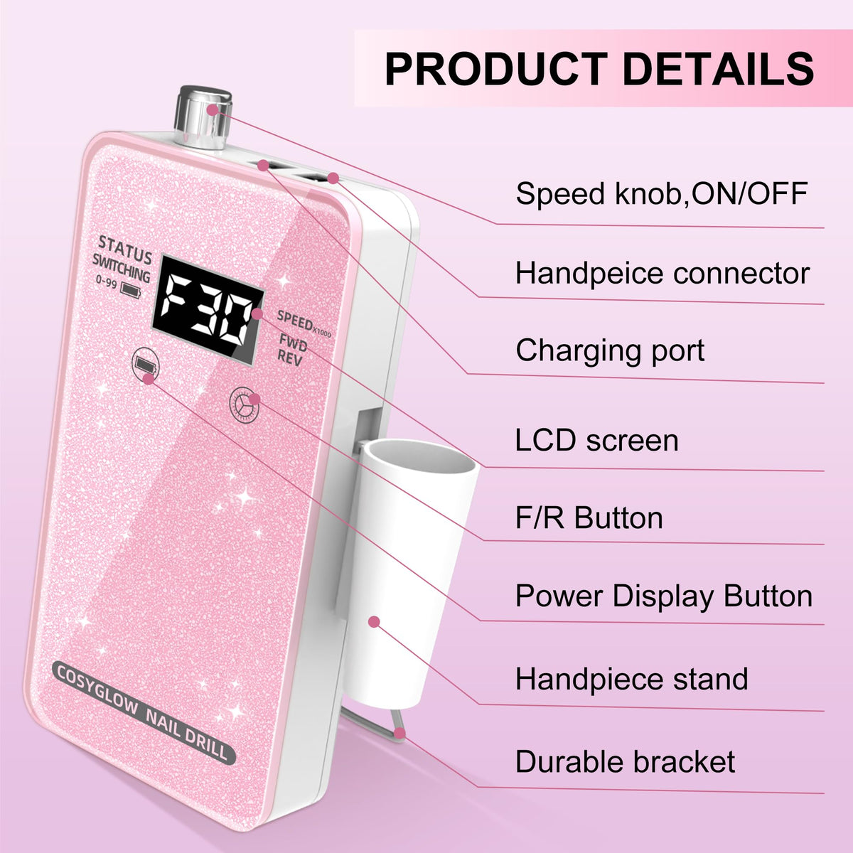 COSYGLOW nail drill on salon desk showing stylish look and ready-to-use benefit