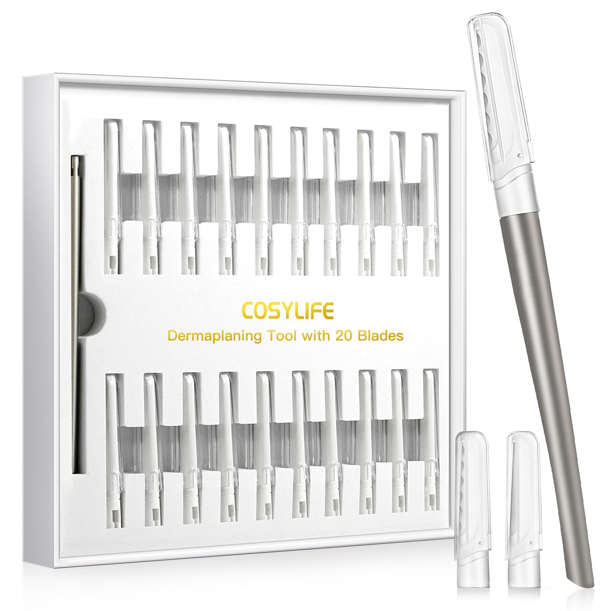 COSYLIFE dermaplaning tool front view showing handle and blade for controlled exfoliation