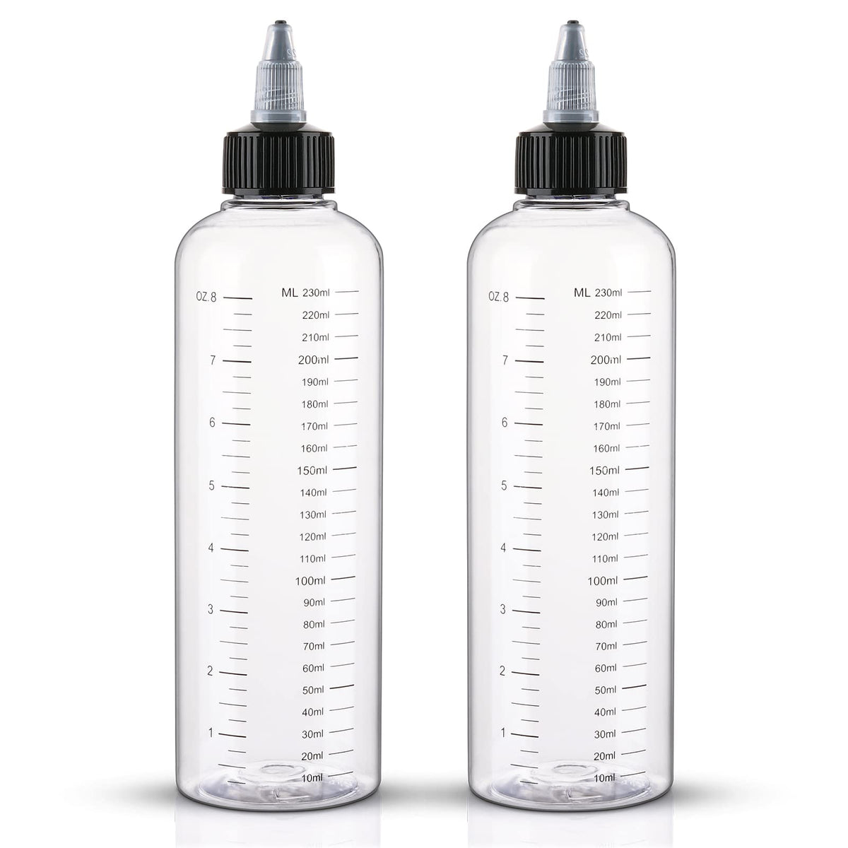 Cosywell front view of two clear applicator bottles showing capacity and caps for tidy dispensing