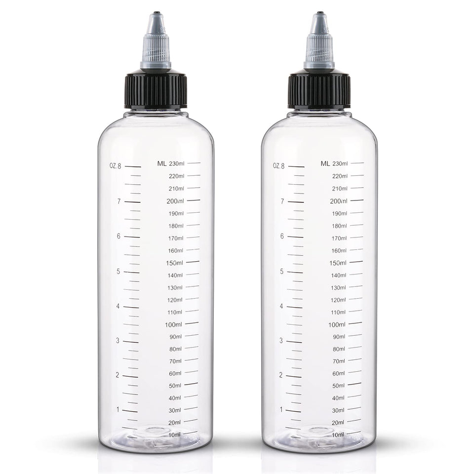 Cosywell front view of two clear applicator bottles showing capacity and caps for tidy dispensing