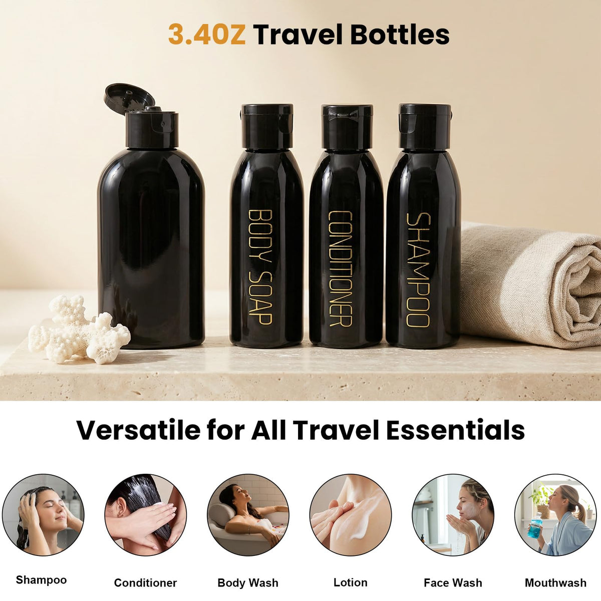 Cosywell bottles staged on a bathroom counter to show neat, travel-ready toiletry setup